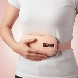 Close-up of Bloom Warm wearable heating pad worn on abdomen for drug-free period cramp relief