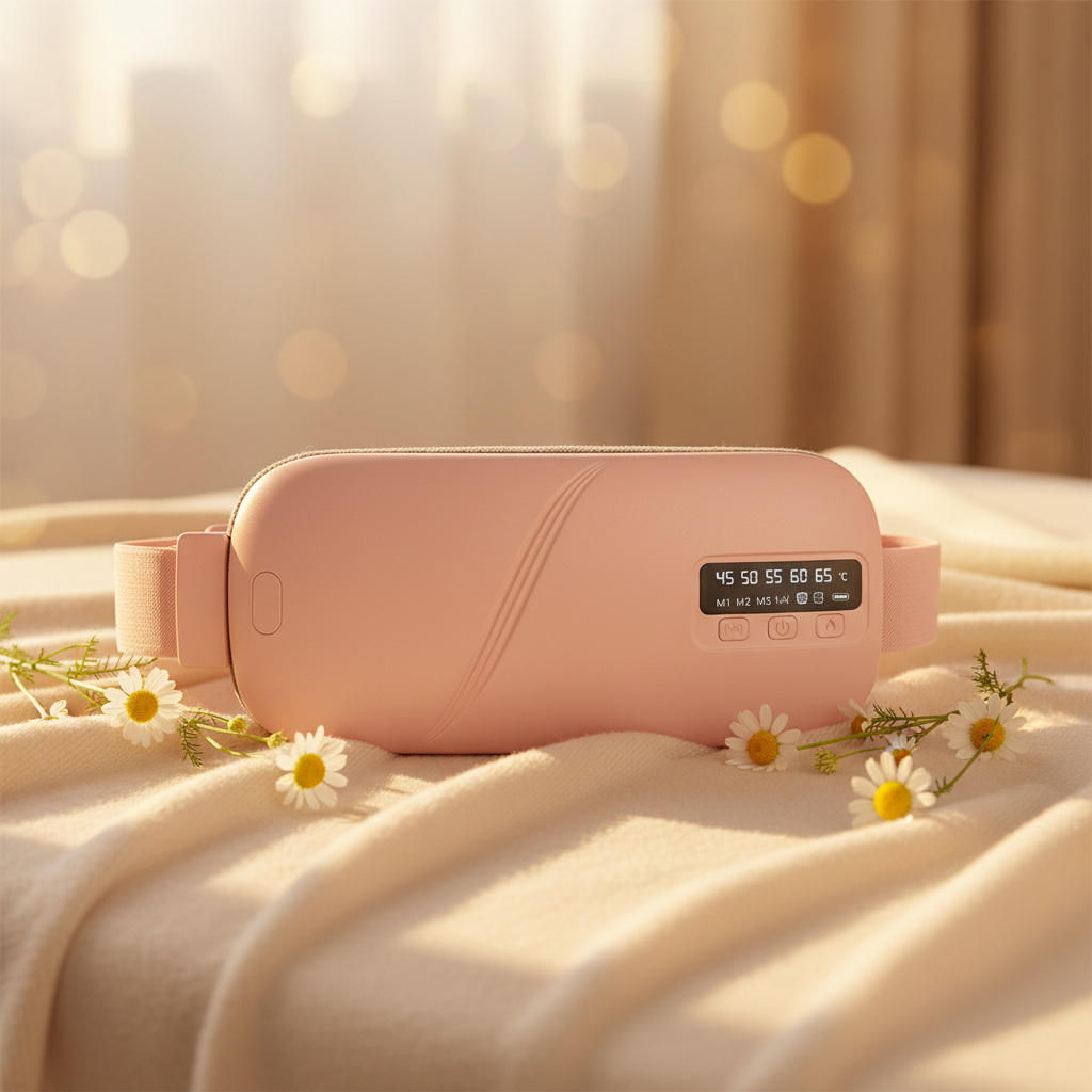 Here it is as plain text, easy to copy:  `Bloom Warm cordless wearable heating pad for period pain relief, displayed with white daisy flowers on soft cream fabric`