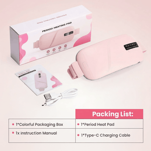 Bloom Warm period heating pad packing list packaging box instruction manual Type-C charging cable included