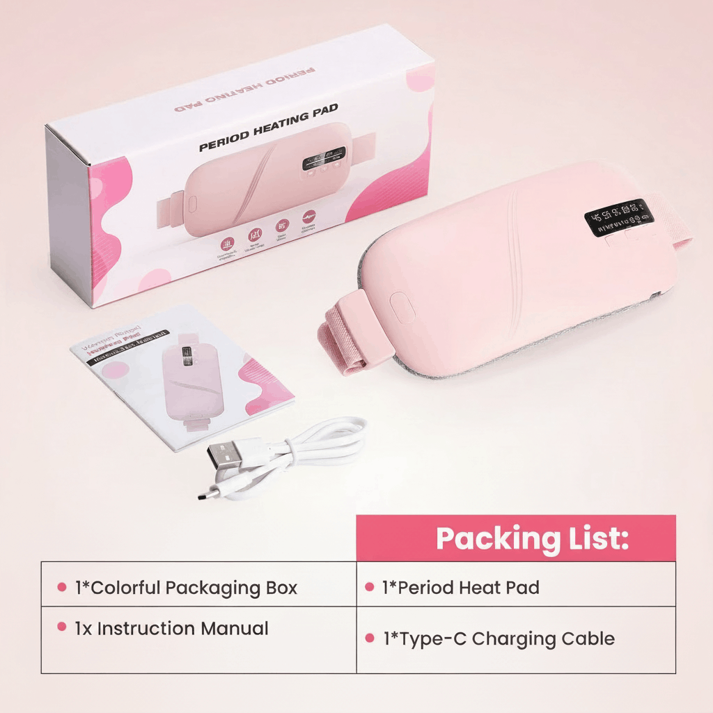Bloom Warm period heating pad packing list packaging box instruction manual Type-C charging cable included