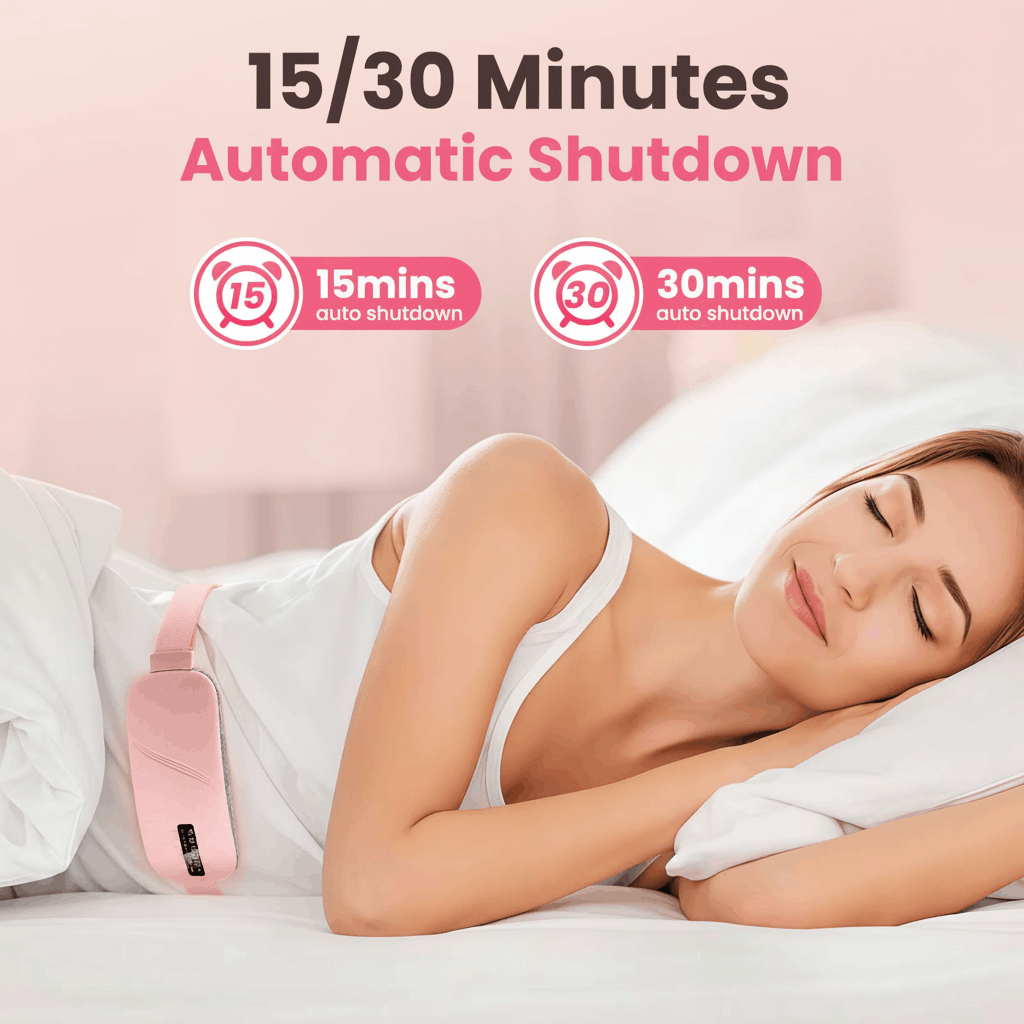 Bloom Warm menstrual heating pad 15-30 minute automatic shutdown safe sleep period cramp relief wearable belt