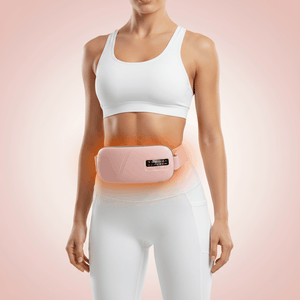 Woman wearing Bloom Warm menstrual heating pad around waist in white activewear for period pain relief