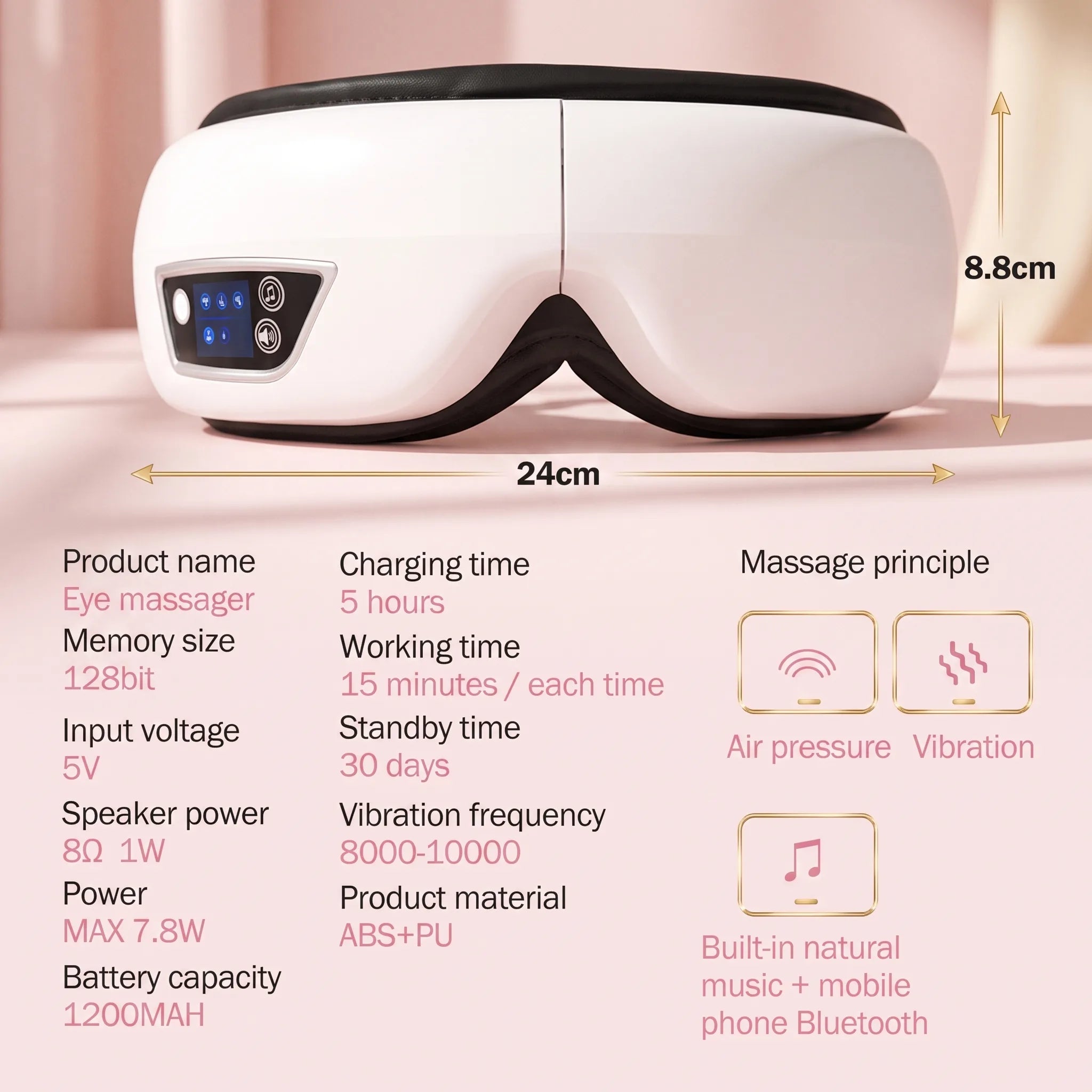 Bloom Warm™ Cordless Heated Eye Massager — Heat, Massage & Bluetooth — cordless heated eye massager with Bluetooth, air pressure headache and eye strain relief, view 4 | Bloom Warm