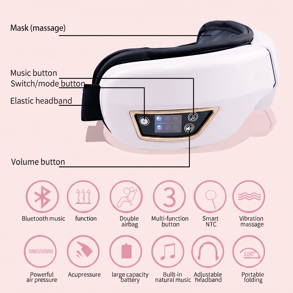 Bloom Warm™ Cordless Heated Eye Massager — Heat, Massage & Bluetooth — cordless heated eye massager with Bluetooth, air pressure headache and eye strain relief, view 6 | Bloom Warm