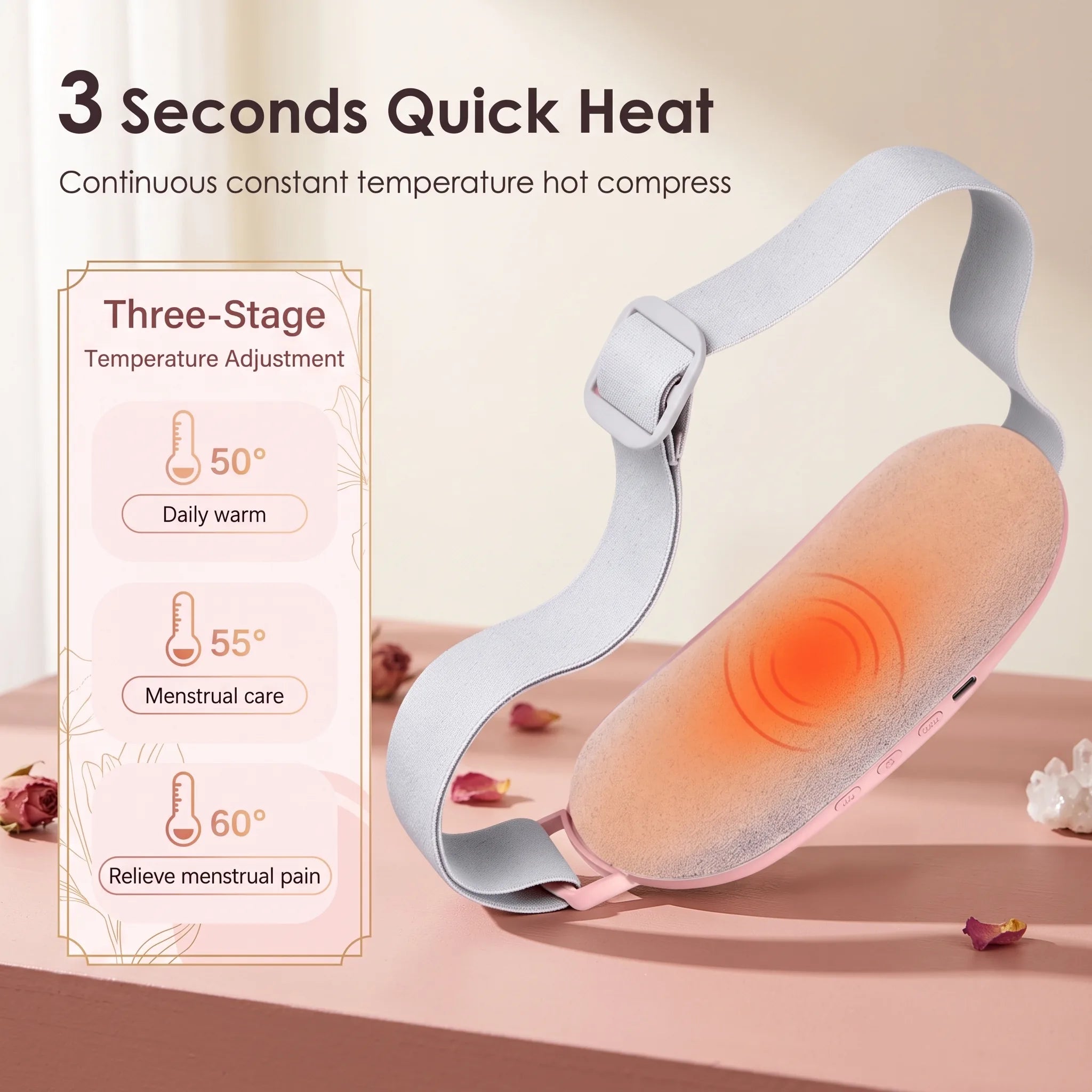 BloomWarm™ Pro Belt — Cordless Heat + Massage for Belly & Back — cordless period cramp heating and massage belt, drug-free menstrual pain relief, view 2 | Bloom Warm